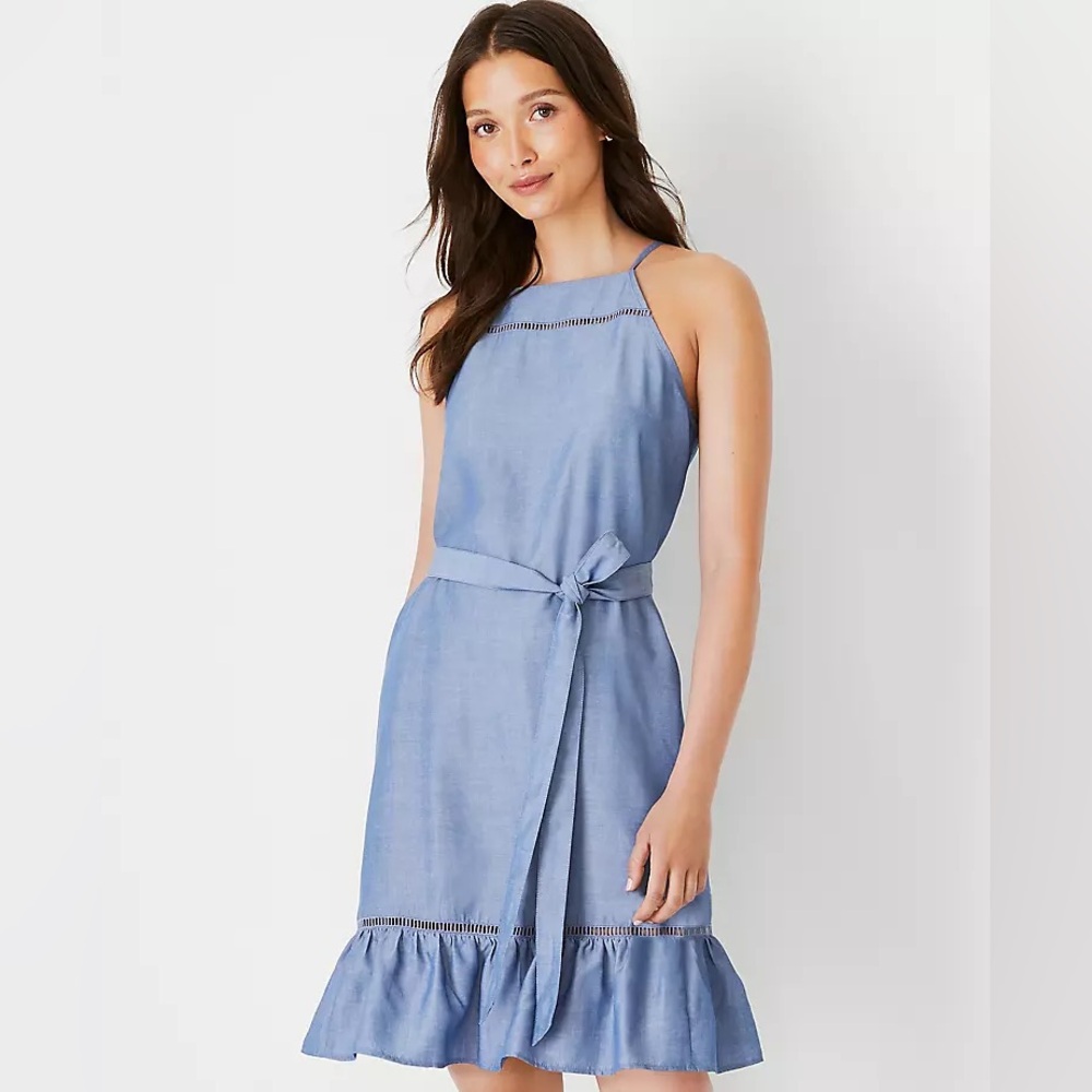 Ann Taylor Halter Top Chambray Blue Ruffle Dress - Size 2P